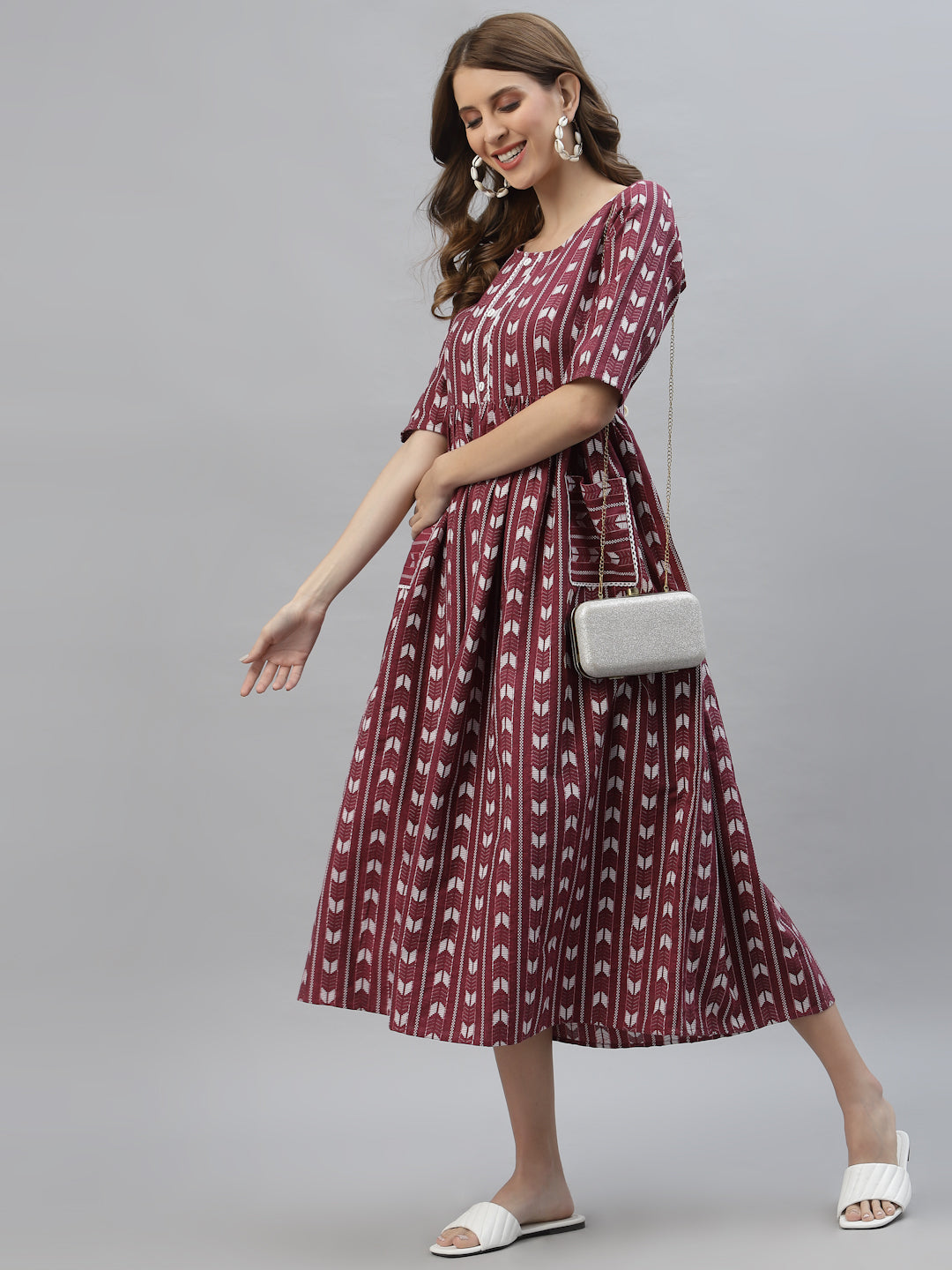 Stylum Women's Self Design Cotton Blend Maxi Dress  (POPPYWINE)
