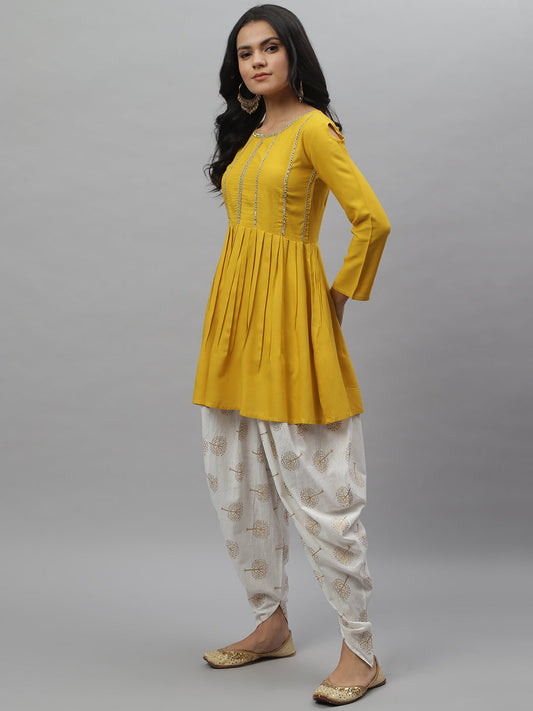 Stylum Women's Embellished Rayon Pleated kurta Dhoti Pant Set (Yellowdhotiset)